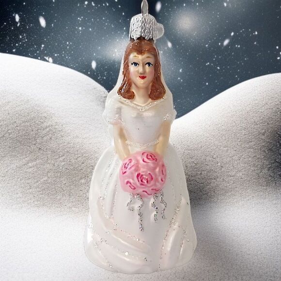 Old World Christmas Bride Ornament Brunette White Dress Roses Vintage Glass OWC - Picture 15 of 15